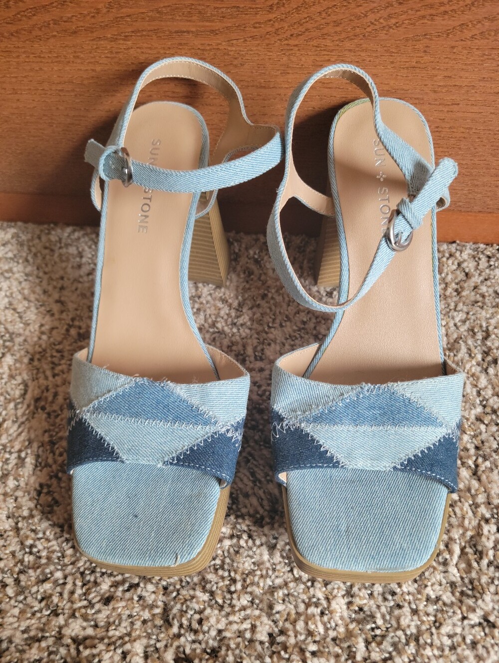 Sun + Stone Patchwork Denim Ankle-Strap Block Heels